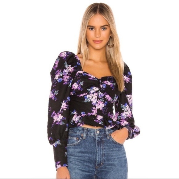 Lovers + Friends Tayla Floral Puff Sleeve Black Purple Blouse NWT Size Large - Picture 1 of 11